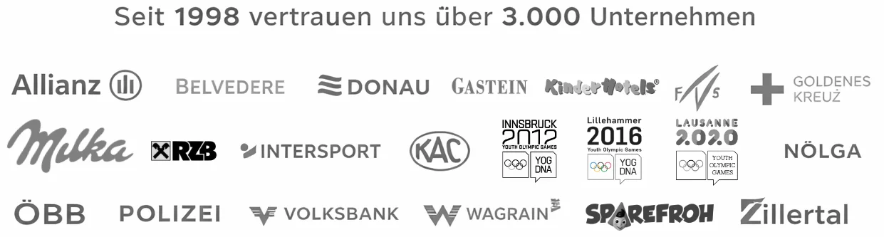 Referenz-Logos: Allianz, Belvedere, Donau, Gastein, Kinderhotels, Goldenes Kreuz, MILKA, RZB, Intersport, KAC, Innsbruck 2012, Lillehammer 2016, Lausanne 2020, NÖLGA, ÖBB, Polizei, Volksbank, Wagrain, Sparefroh, Zillertal, Youth Olympic Games